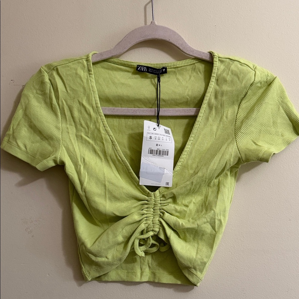ZARA Lime Green Ruched Tie-Front Ribbed Crop Top